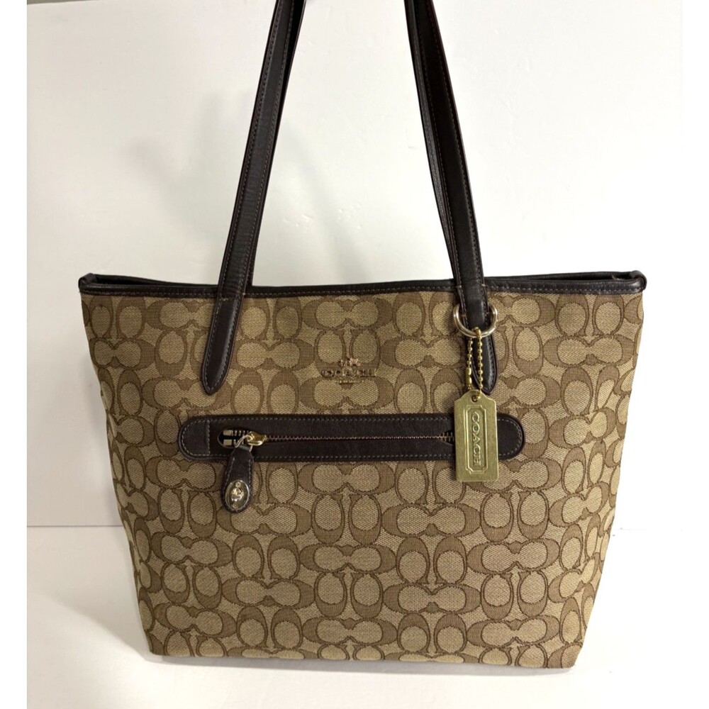 COACH Signature Taylor Tote Khaki Fabric Brown Leather Trim Shoulder Bag Purse